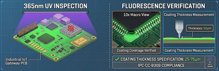 UV inspection and thickness measurement process for conformal coated PCB quality verification.