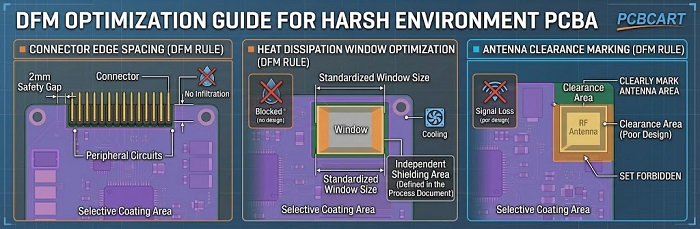 DFM design optimization rules for connectors, heat dissipation, and antenna clearance in harsh environments.