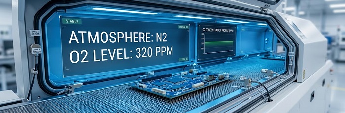 Industrial reflow oven internal chamber with nitrogen atmosphere displaying real-time O2 concentration and system status for PCBA assembly.
