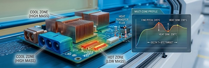 Thermal profiling visualization of an industrial PCBA showing heat distribution across high-mass heat sinks and low-mass fine-pitch connectors in a reflow oven.