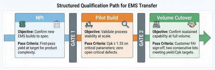 Staged qualification process map for EMS transfer with exit criteria gates