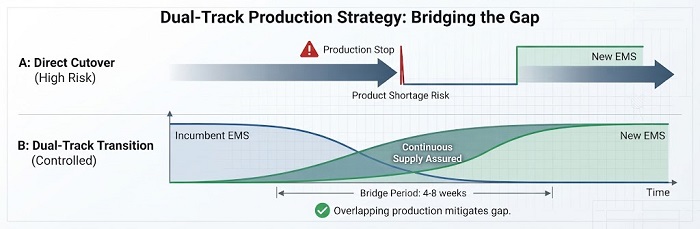 Dual-track production strategy comparing transition cost and supply continuity risk