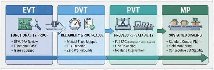 Four-stage NPI process model illustrating EVT, DVT, PVT, and Mass Production transition stages.