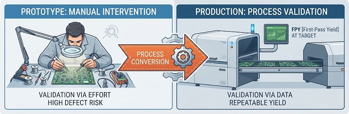 Comparison of product validation methods: manual prototype intervention versus data-driven, repeatable production process.