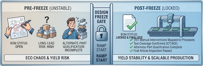 Design freeze gate visual showing the transition from unstable pre-freeze BOM status to locked, process-validated production.