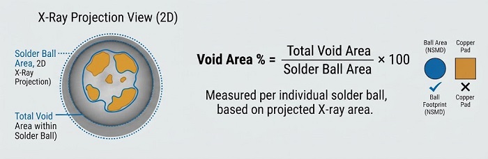 Diagram illustrating the 2D X-ray projection method for calculating solder ball void area percentage.