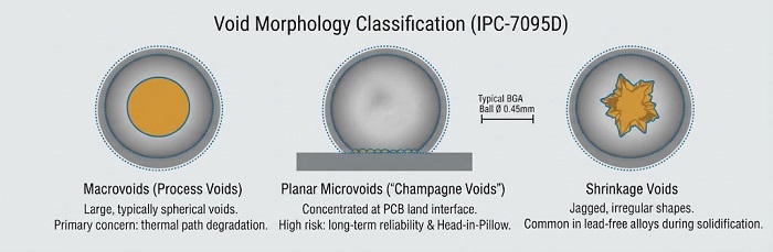Comparison of BGA void types: Macrovoids, Planar Microvoids (champagne voids), and jagged Shrinkage Voids.