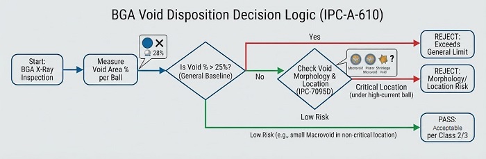 Flowchart illustrating the decision-making process for BGA solder joint disposition based on IPC criteria and void morphology.