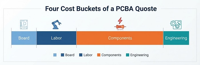 A horizontal bar chart displaying the four cost buckets of a PCBA quote: Board, Labor, Components, and Engineering, with a high-volatility icon above the Components section.