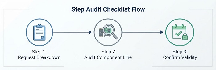 A three-step process flow for auditing a PCBA quote: 1. Request breakdown, 2. Audit component line, 3. Confirm validity.