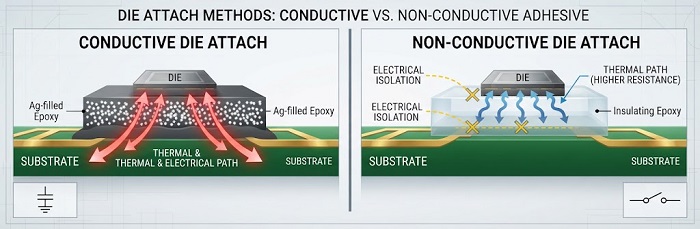 Cross-section comparison of conductive versus non-conductive die attach methods in COB assembly, illustrating thermal and electrical paths.