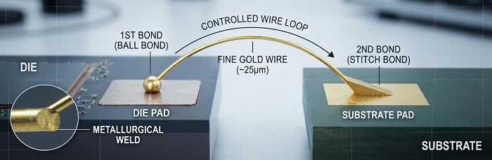 Close-up view of a gold wire bond connecting a die pad to a substrate pad, highlighting the ball bond and stitch bond stages.