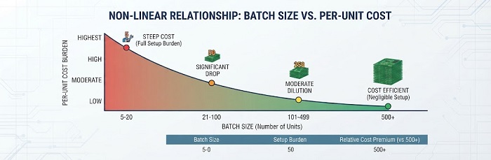 Graph showing the non-linear relationship between batch size and per-unit cost, illustrating steep costs at low volumes.