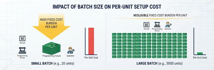 Diagram illustrating how fixed setup costs like stencils and programming are distributed across different batch sizes, showing higher per-unit burden for smaller quantities.