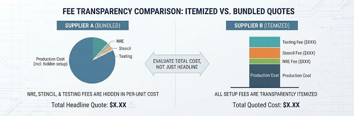 Comparison chart highlighting itemized versus bundled EMS supplier fee structures including stencils, NRE, and testing fees.