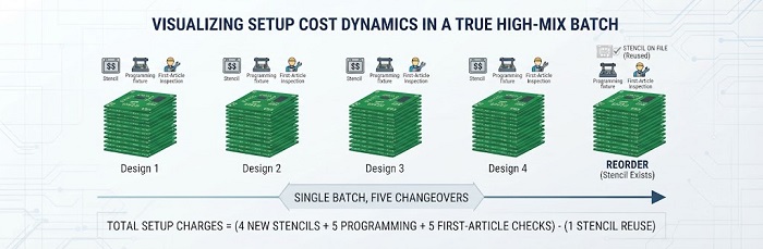 Infographic showing a real-world multi-design batch scenario with five separate circuit boards and setup charges.