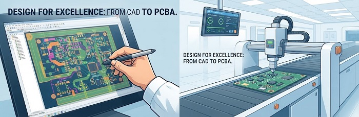 Infographic: PCB design (left) to automated SMT assembly (right).