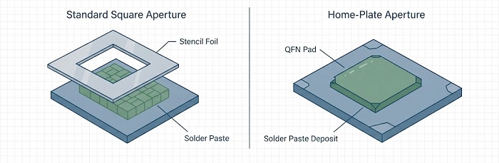 Technical diagram: Standard vs. Home-plate QFN stencil aperture design.