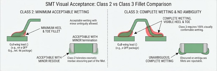 Diagram comparing SMT gull-wing and chip component solder fillets, showing acceptable Class 2 wetting versus complete, unambiguous Class 3 wetting.
