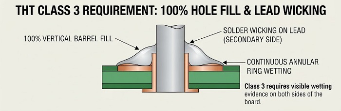 Technical cross-section of a THT solder joint illustrating Class 3 requirements for 100% vertical barrel fill, lead wicking, and continuous annular ring wetting on both sides.
