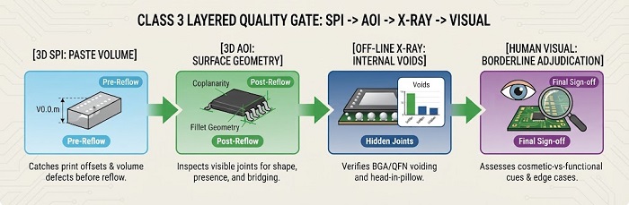 Process flow diagram showing the layered inspection system: SPI, 3D AOI, X-ray, and human visual adjudication, linked sequentially.