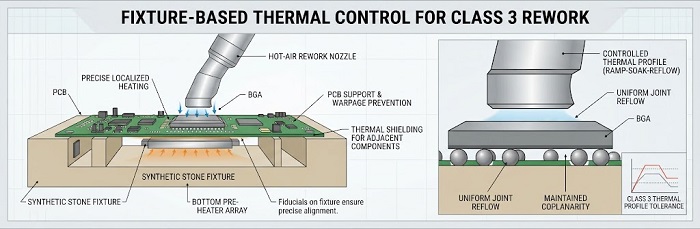 Schematic of a PCB secured in a synthetic stone fixture during rework, showing localized hot-air heating and bottom pre-heating for thermal control.