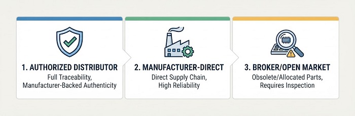 Flowchart showing the three-step sourcing hierarchy: Authorized Distributor, Manufacturer-Direct, and Broker/Open Market.