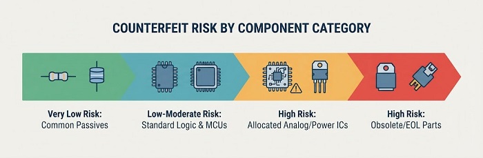 Horizontal risk spectrum chart mapping counterfeit risk by electronic component category from very low to high risk.