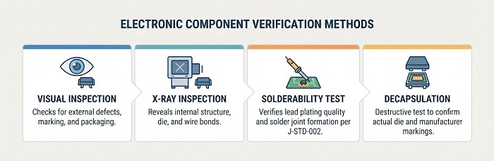 Four-column infographic detailing electronic component verification methods: Visual, X-Ray, Solderability, and Decapsulation.