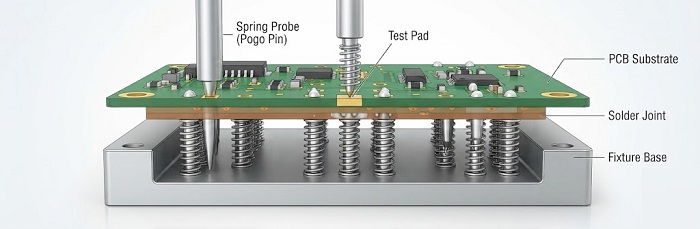 ICT bed of nails fixture testing PCB