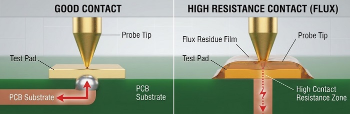 Flux residue on test pad causing high resistance