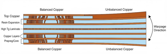 PCB stack-up copper asymmetry warpage diagram