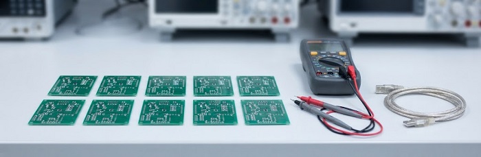 Small pilot batch of prototype circuit boards on an electronics workbench
