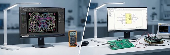 Split-screen comparison of PCBA engineering workstations