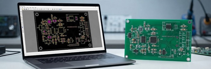 PCB assembly file (BOM/Gerber) displayed on a monitor, matching a physical circuit board next to it.