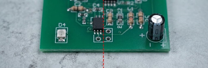 Side-by-side macro comparison on a PCB: a missing LED (buyer's confirmation issue) vs. a reversed electrolytic capacitor (supplier manufacturing defect).