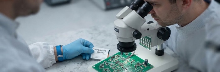 PCB quality inspector using an IPC-A-610 visual standard reference card under a microscope to evaluate a solder joint.