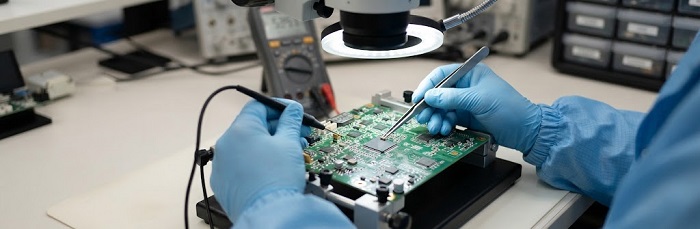 Engineer inspecting PCBA board with precision tools