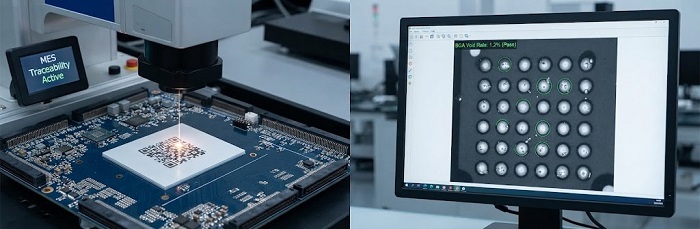 SMT manufacturing line with serial number traceability and inspection