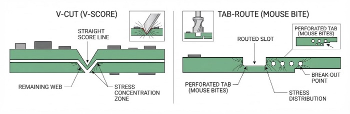 V-cut and tab-route panel separation methods