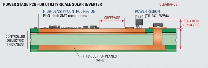 PCB cross-section showing thick copper layers and isolation