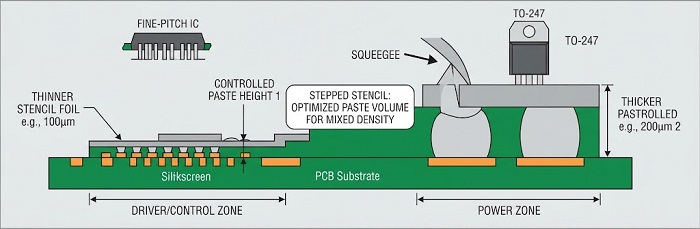 Stepped stencil profile for mixed-density power boards