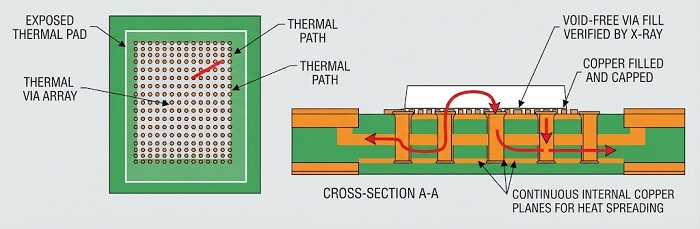 Thermal via array under discrete power device pad