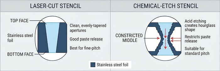 Laser-cut vs chemical-etched stencil aperture comparison