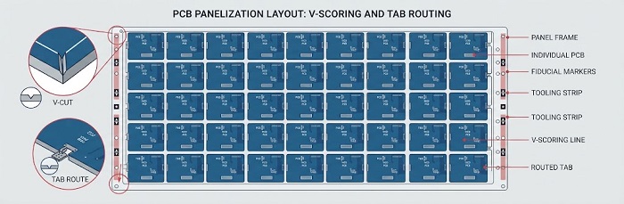 PCB panelization layout with V-scoring