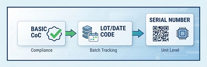 Traceability tiers from basic CoC to serial number tracking