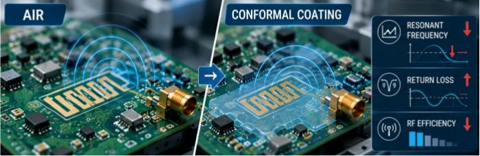 Conformal coating over a PCB trace antenna lowers resonant frequency and RF efficiency compared with air