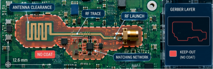 Conformal coating keep-out zone covering antenna clearance, RF trace, launch and matching network on a Gerber layer