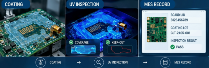 Post-coating UV inspection confirming coverage and RF keep-out, with results logged to the board's MES record