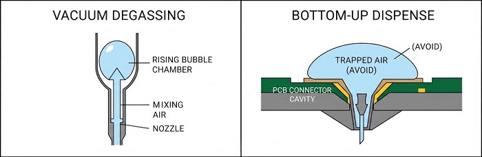 PCB connector potting and bottom up dispensing process